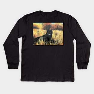 Black Wolf in Fields of Gold Kids Long Sleeve T-Shirt